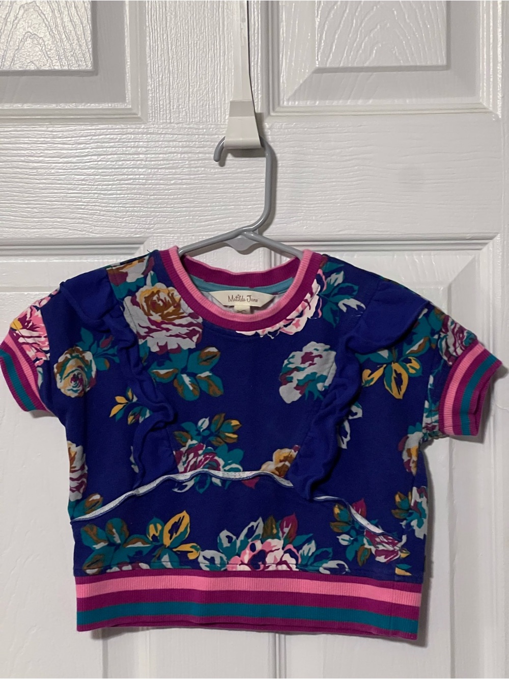 Matilda Jane Girls Size 2 Blue Floral Ruffle Top Striped Trim